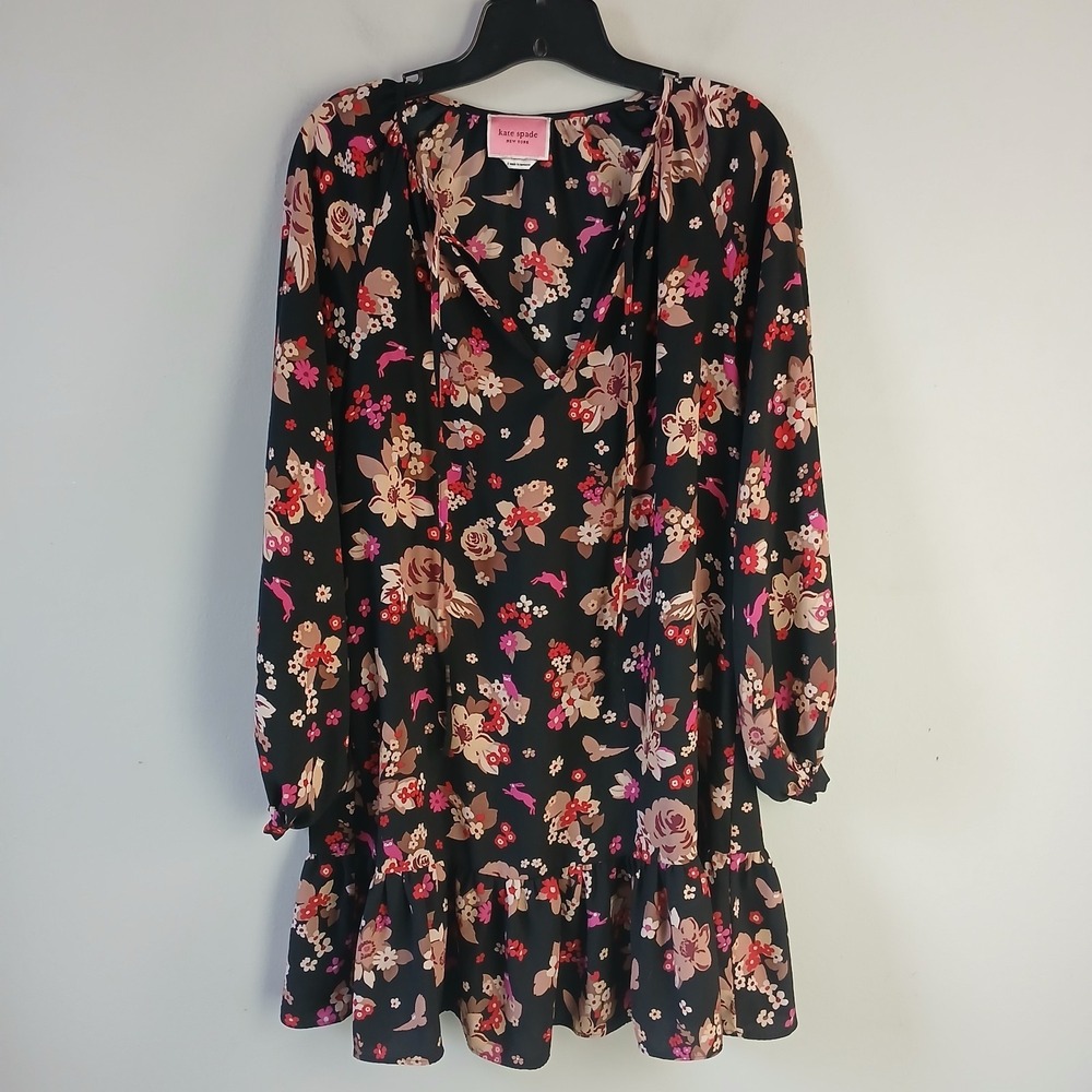 Kate Spade Women's Size Small Black Floral‎ Shift Dress Mini Ruffle Hem Tassels
